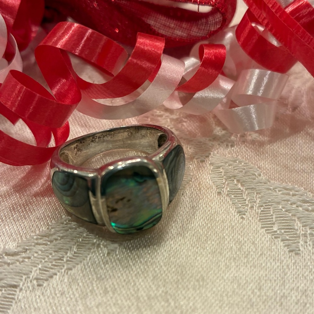 Contemporary Sterling Silver Abalone Shell Inlay Ring Size 81/2
